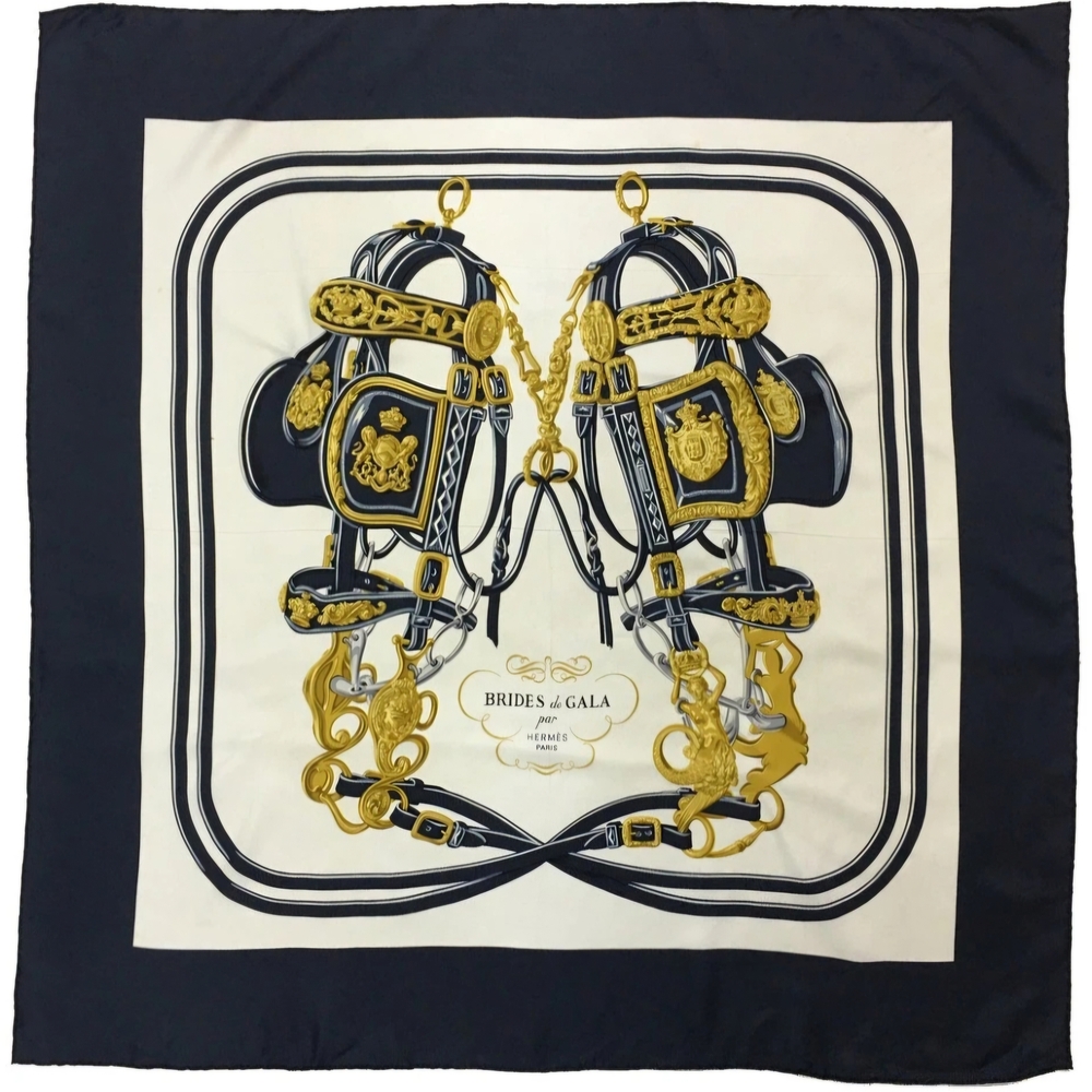 Hermès Equestrian Design Silk Scarf in Black, Gold, and White